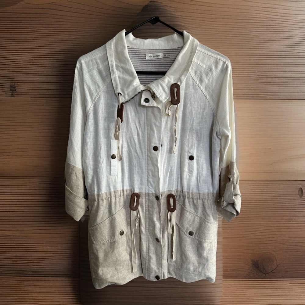 Blu‎ Pepper Women's Medium Jacket Color Block Cotton Linen Tan Cream Drawstring
